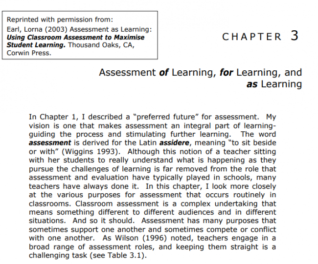Assessment of learning for learning and as learning