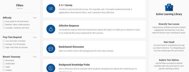 Screen capture of the Active Learning Library webpage