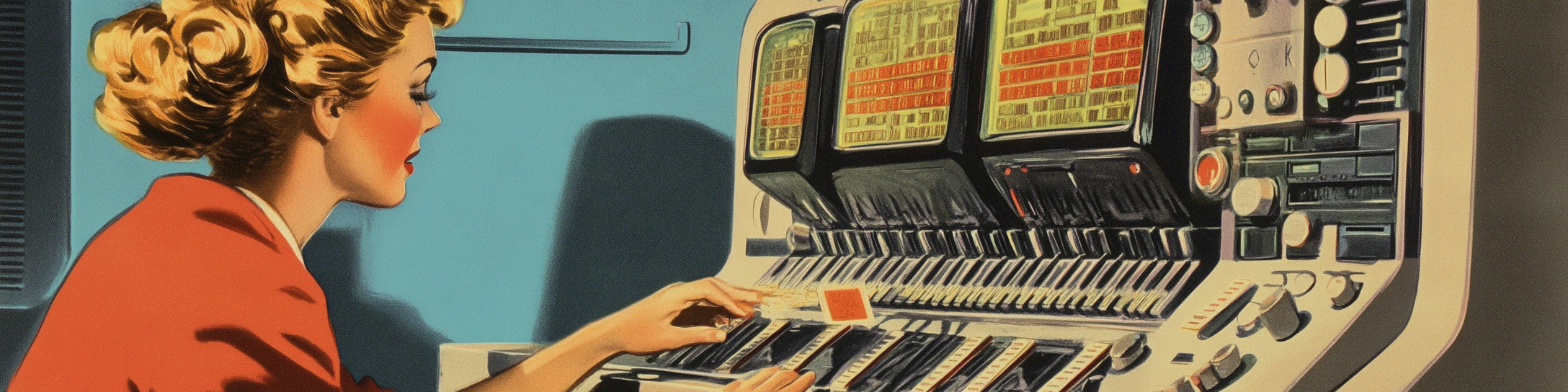 Image of a woman entering data into an old mainframe computer.